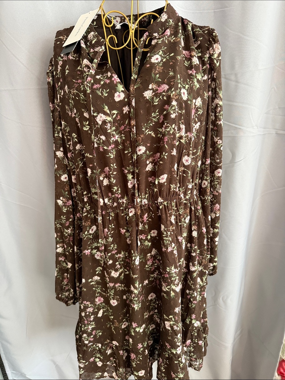 Long Sleeve Brown Floral Midi Dress with Gathered Waist Pretty Garden XL sku49